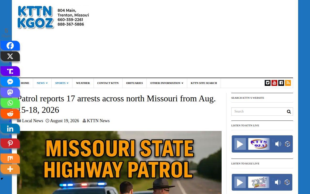 KTTN regional patrol-report article page with Missouri State Highway Patrol graphic