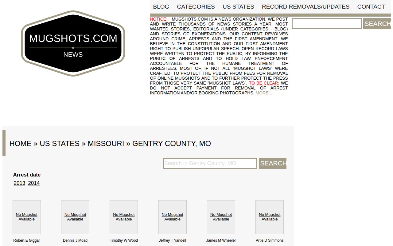 Mugshots.com Gentry County source page with older date links and no-mugshot placeholders