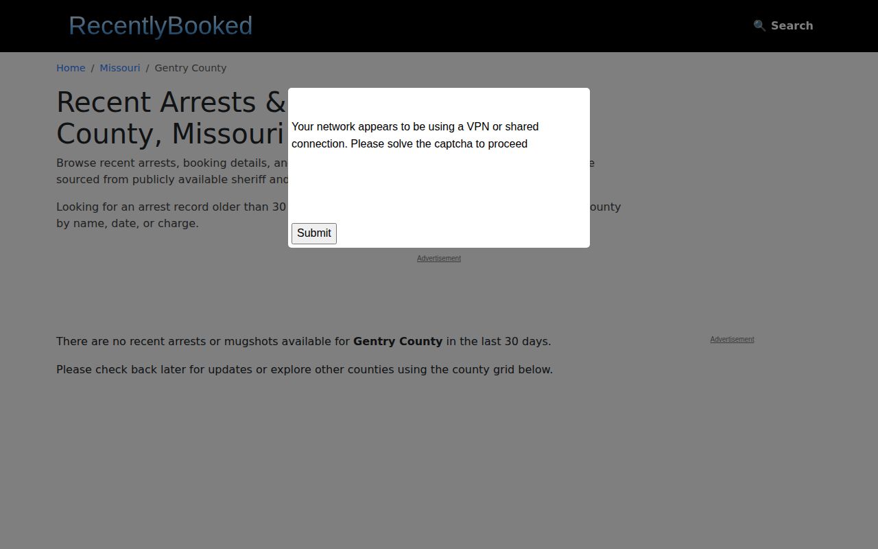 RecentlyBooked Gentry County source page with access prompt and recent-period notice